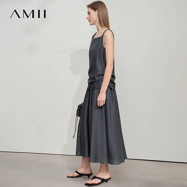 រ៉ូប Amii Minimalist សាមញ្ញ មានខ្យល់ចេញចូលបាន រលុង 2025 រដូវក្តៅ ថ្ងៃឈប់សម្រាក ដៃអាវរមួល ផ្នត់ រ៉ូបការិយាល័យ សម្រាប់នារី 12542173