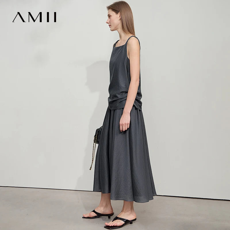 រ៉ូប Amii Minimalist សាមញ្ញ មានខ្យល់ចេញចូលបាន រលុង 2025 រដូវក្តៅ ថ្ងៃឈប់សម្រាក ដៃអាវរមួល ផ្នត់ រ៉ូបការិយាល័យ សម្រាប់នារី 12542173