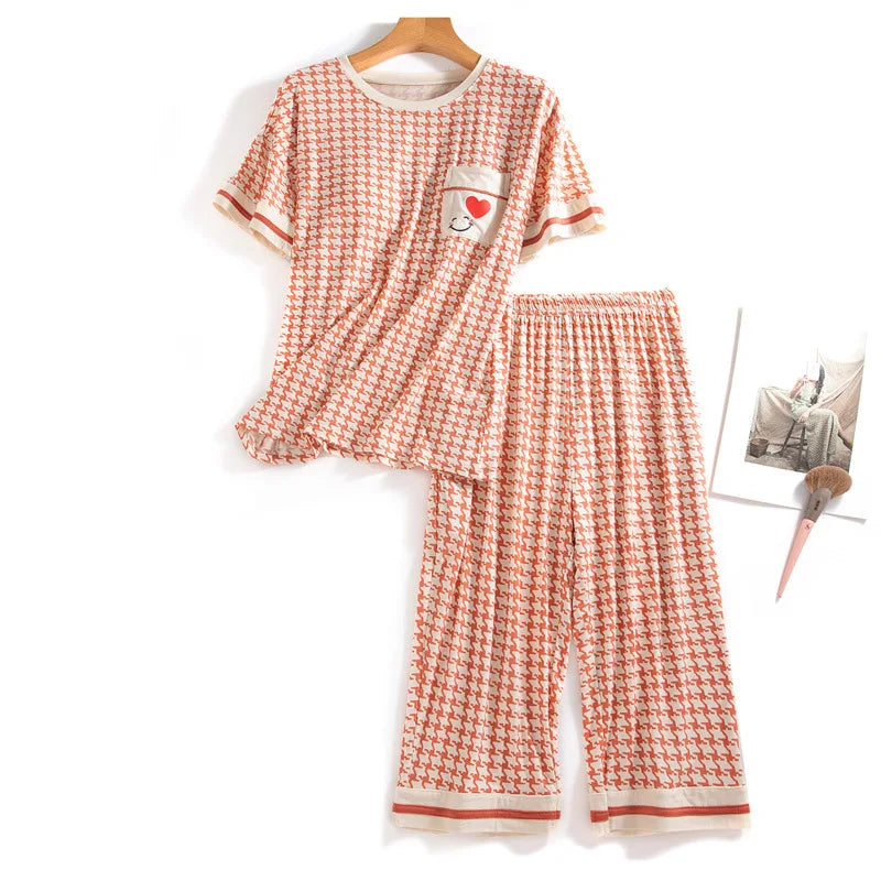 Modal Women's Summer Pajamas New Fashion Short Sleeve Capri Pants Set Chest Pad Sleepwear Nightwear Home Suit Pyjamas Dames