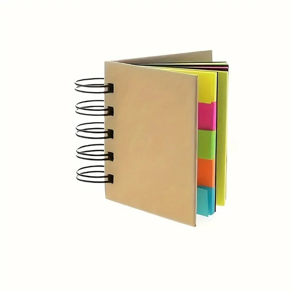 250 Sheets Portable Combination Sticky Notes Set - 5 Different Colors,Spiral Notebook, Self-Adhesive Notes, Brown Cover.