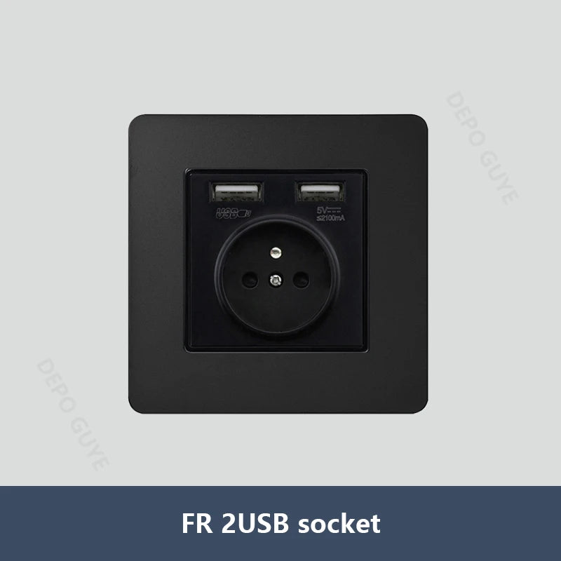 Black Vintage Toggle EU FR Lamp Switch Socket,Retro Brass Lever Light Switch Univeral Stainless Steel Dual Wall Socket With USB