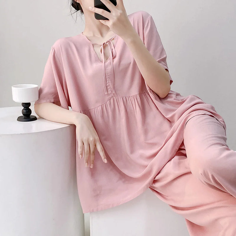 Women’s Summer Pajamas 2 Piece Sets Night Wear for Ladies Short Sleeve Sleepwear Homewear Floral Sleeping Wear for Woman Pijama