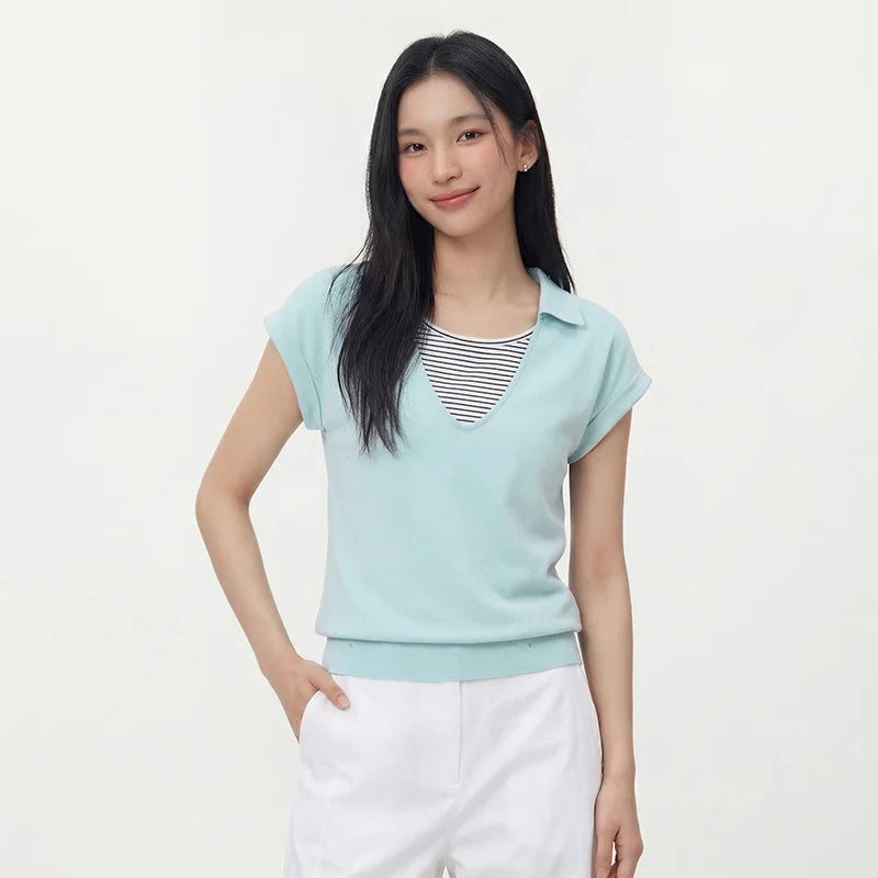 Semir Womens Polo 2026 Short Striped Patchwork Fake Two Piece Ruffle Loose Raglan Sleeve Casual Soft