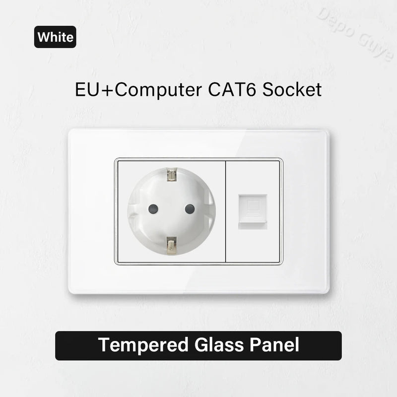 White Tempered Glass Panel Wall Light Switch Rocker Button EU Sockets Fast Charging CAT6 TV Power Outlet 118*75mm 16A AC110-250V