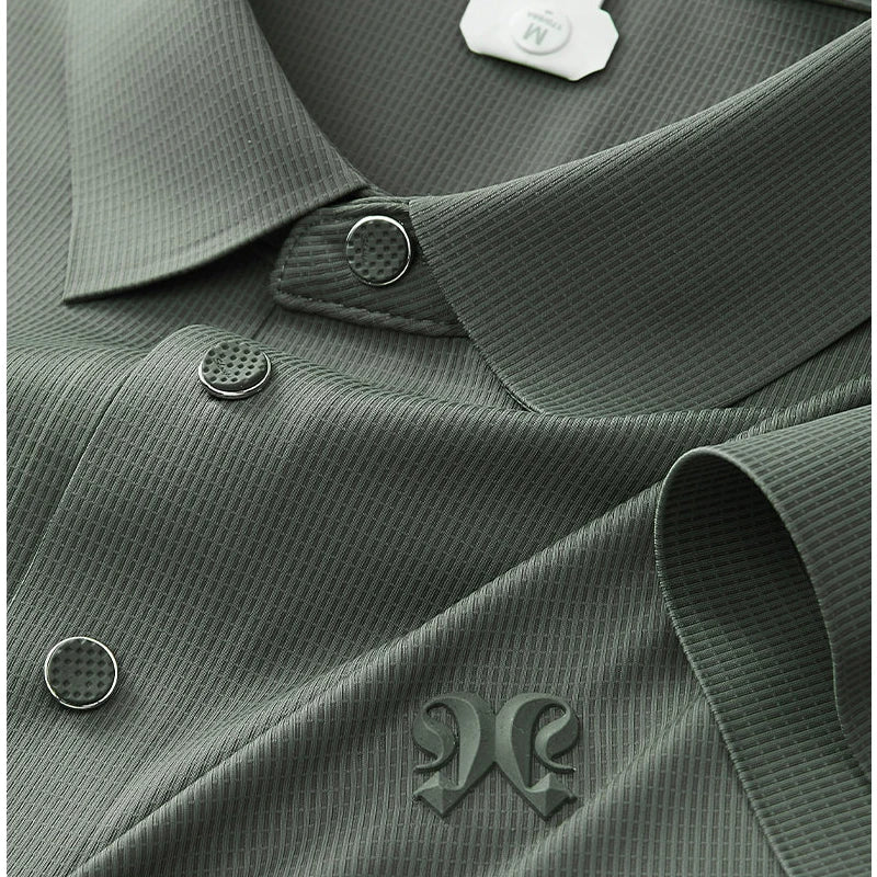 Men's Ice Silk Seamless Polo Shirt Military Green Breathable Cool Feeling Short Sleeve, No-Sew Stretch Business Casual Top