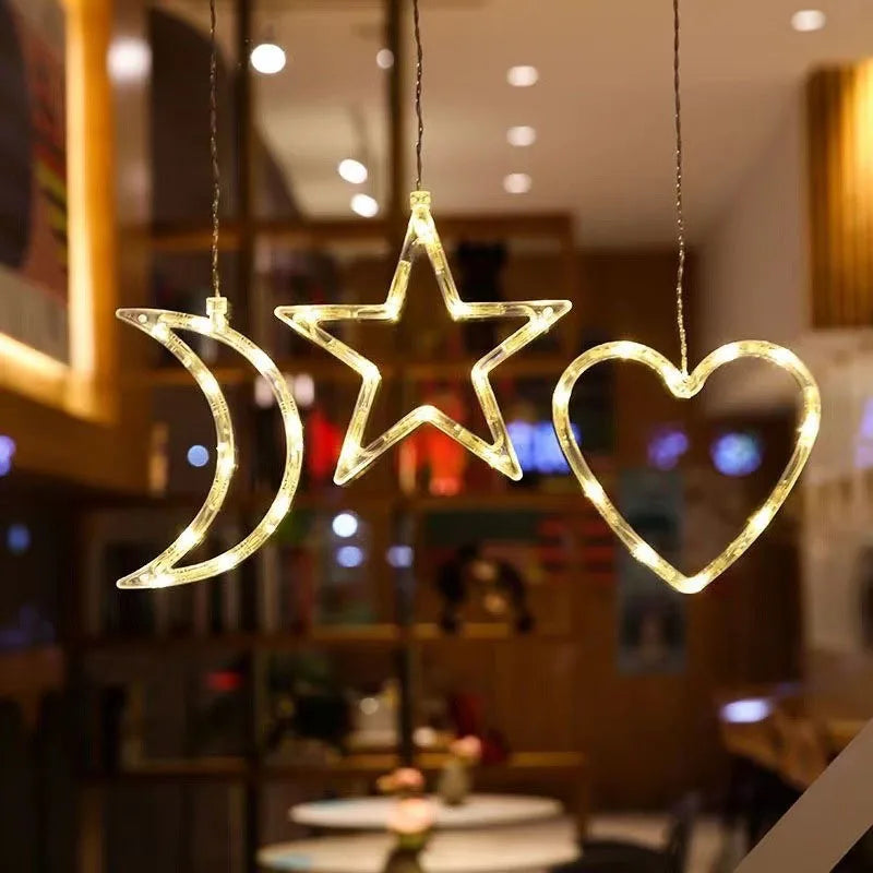 Christmas Window Lights Decor Battery Powered Hanging WarmWhite Light Tree Star Bells Shaped LED Sucker for Xmas Fireplace Decor