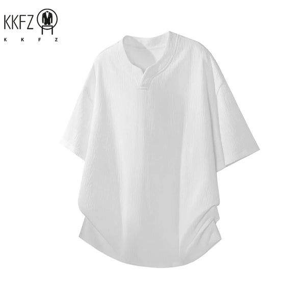 Mens Wrinkle Textured Short Sleeve Top Notched Collar Oversized Cutting Suitable For Vacation Dating And Casual Scenes
