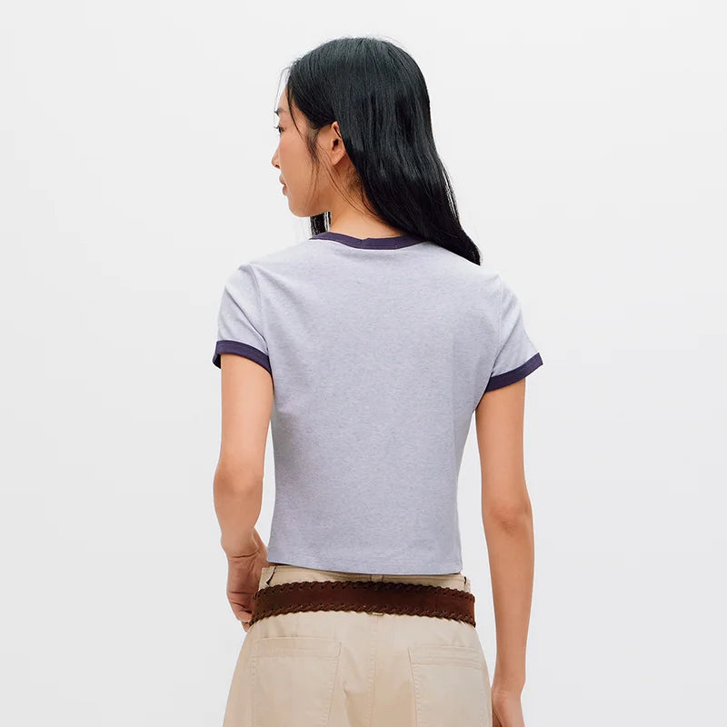 Semir Women Tshirt Cropped Slim Contrast Short Sleeve Summer 2026 Casual Graphic Print Everyday Fashion Top Tee