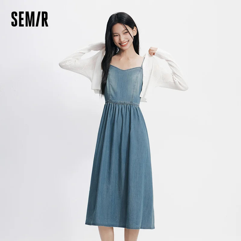 Semir Women Dress Denim V Neck Cool Feeling Slip Dress Short Cardigan Two Piece Set Cool Stylish 2026 Summer Casual Fashion Top