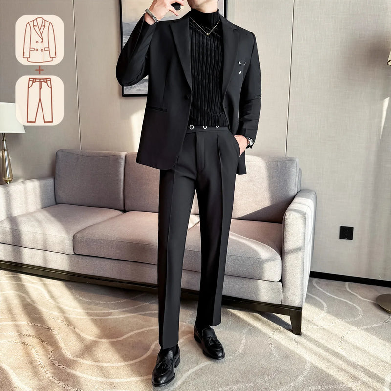 Men's Two-Piece Suit Set (Jacket + Pants) , Metal-Decorated Blazer with Naples Trousers, Casual Smart Wear, Beige Black Brown