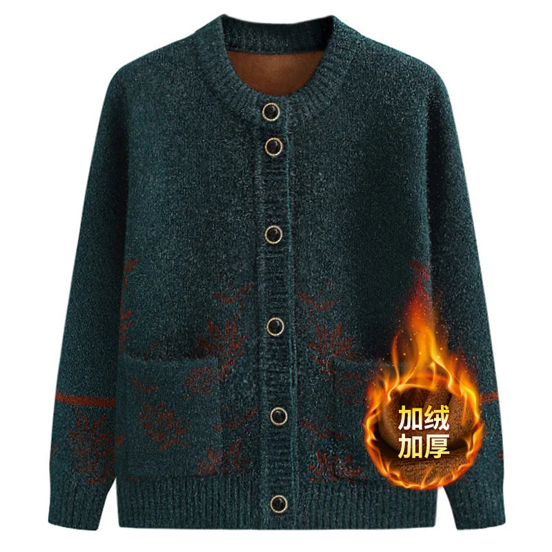 New Middle-Aged Elderly Women's Sweater Spring Autumn Cardigan Velvet Thicken Mother Knitted Top Grandma Winter Warm Coat
