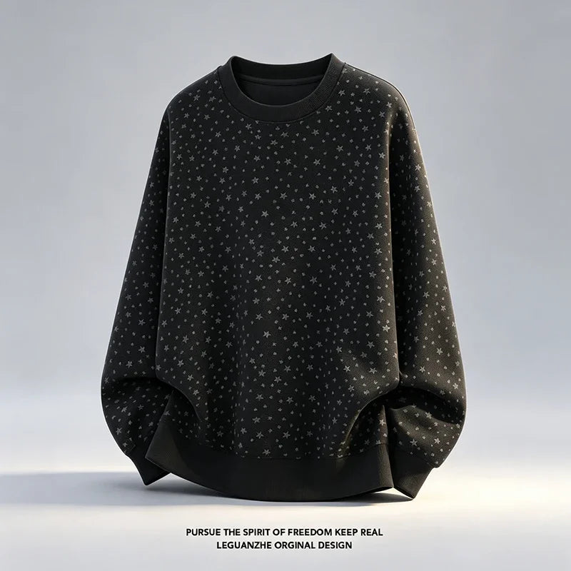 Mens Long Sleeve Crew Neck Star Print Pullover Soft Fleece Relaxed Fit Fabric Casual Street Top For Autumn