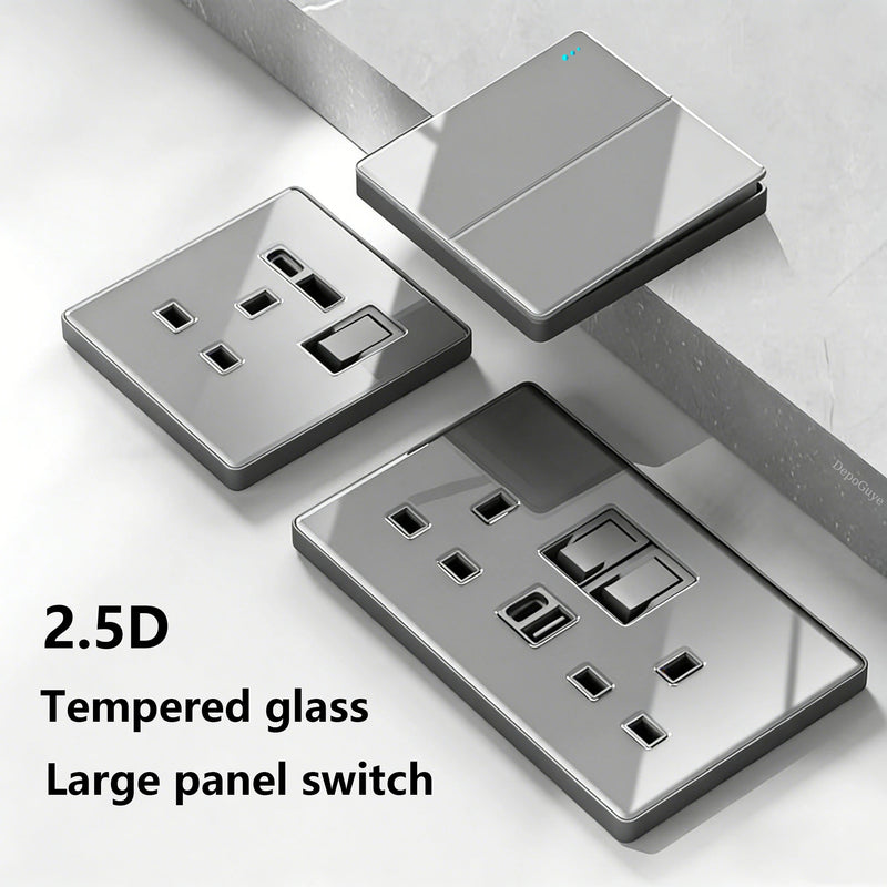 Deluxe Grey Tempered Glass Panel UK 13A Plug Electrical Socket, Double 5 Pin Socket and Switch, EU Universal USB C Wall Socket