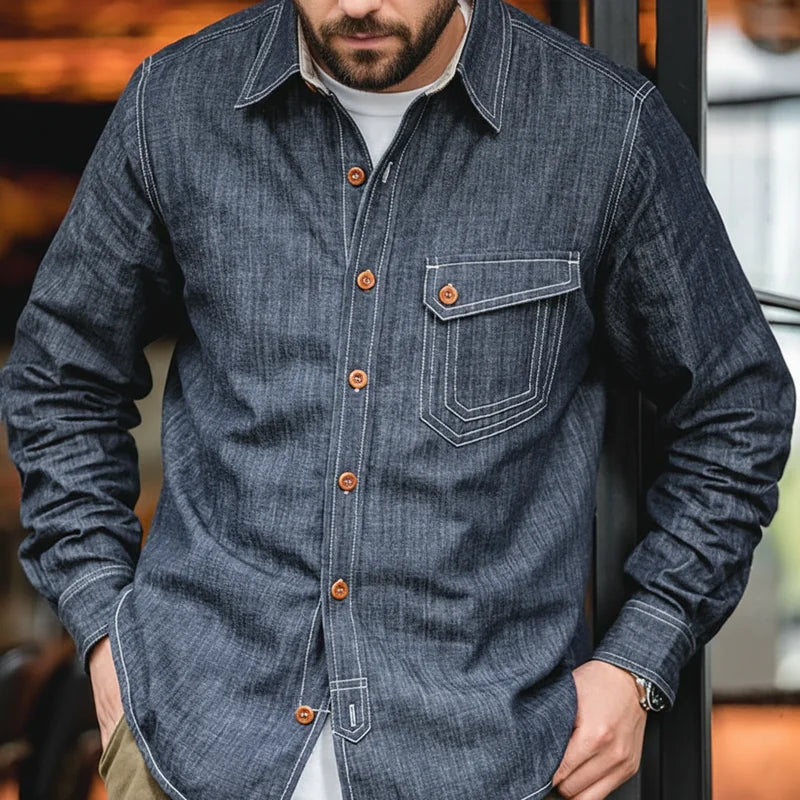 Maden Retro Thin Long-sleeved Denim Shirts Single-breasted Lapel Collar Stitch Design Cotton Men's Spring and Autumn Blouses