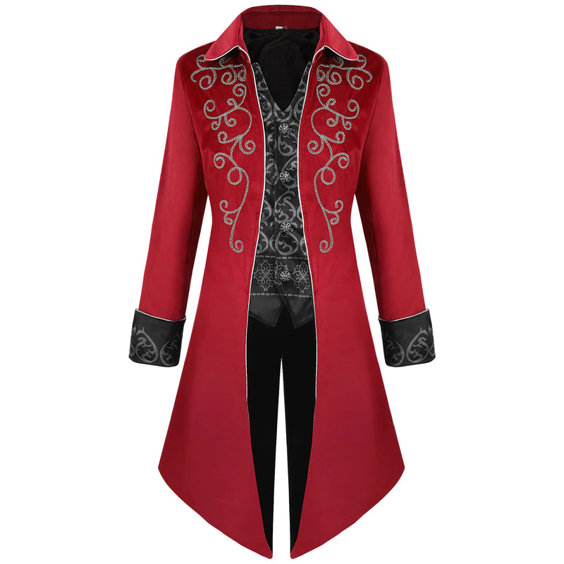 Red Embroidered Men's Long Jacket, Black Mock Two-piece Trench Coat, Purple Collared Vintage Tailcoat.