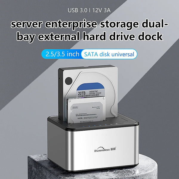 ប្រអប់ HDD ពីរ Bay Blueendless ស្ថានីយ៍ចត SSD ករណីក្រៅបណ្តាញក្លូន SATA ទៅ USB 3.0 អាដាប់ទ័រចម្លងសម្រាប់ថាស SSD/HDD ទំហំ 2.5 3.5