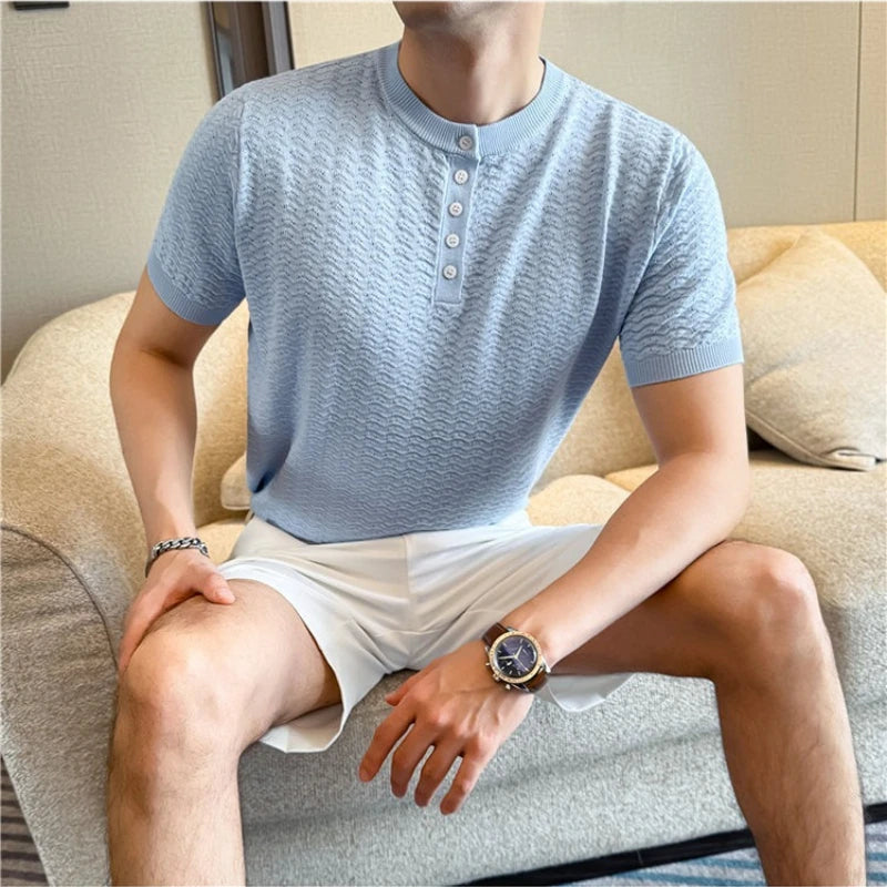 Men's Short Sleeve Polo Shirt Diamond Jacquard Texture Knitted Slim Fit Henley Collar Business Casual T-Shirt Old Money Style