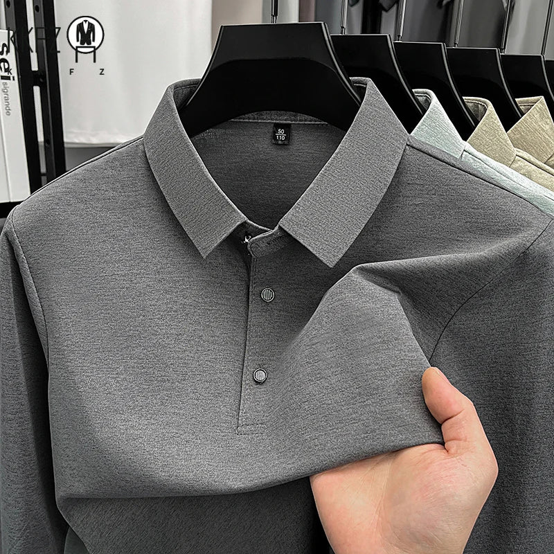 Mens Lapel Collar Long Sleeve Polo Top Heathered Texture Wrinkle Resistant Fabric Casual Office Matching Garment