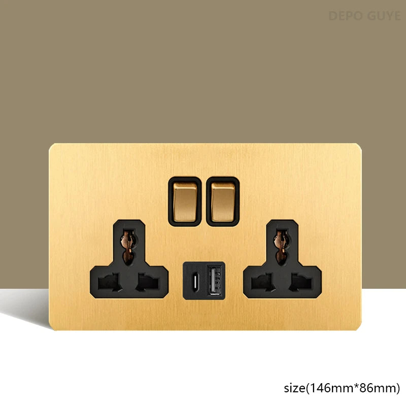 Retro Wall Light Toggle Switch Dual EU FR Socket Gold Stainless Steel Brushed Panel  Vintage Brass Lever For Home Improvement