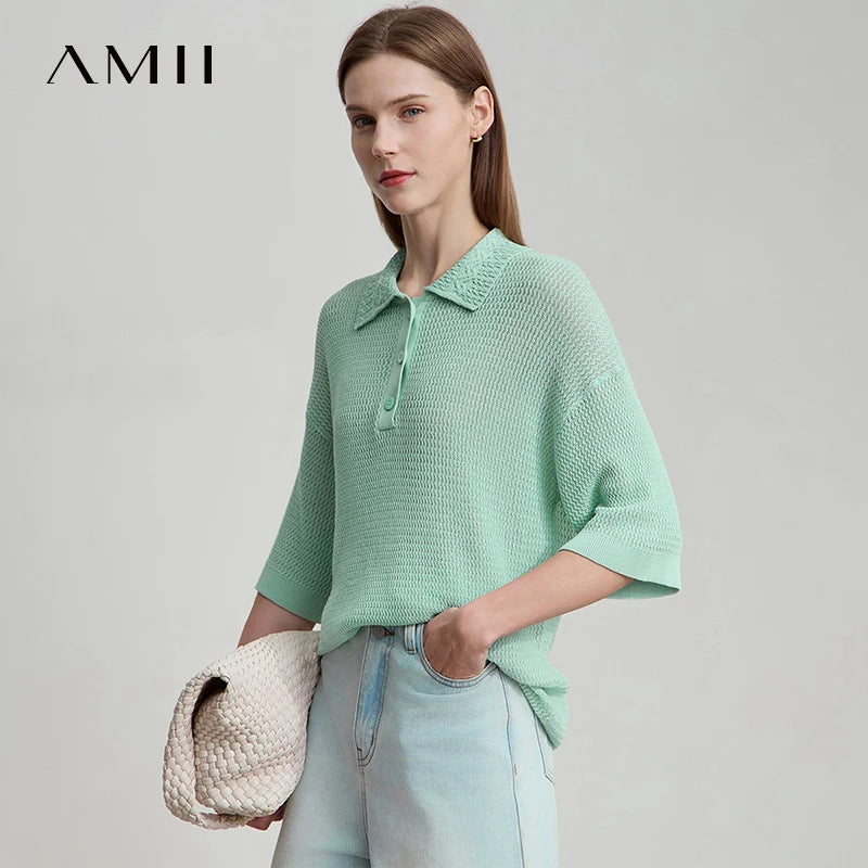 អាវធំ Amii សម្រាប់នារី រចនាបថប៉ូឡូ បែប Minimalist រដូវក្តៅ ថ្មី ចាស់ មានលំនាំរលក ចោះរន្ធ ដេរ អាវយឺតប៉ាក់រលុង 12552098