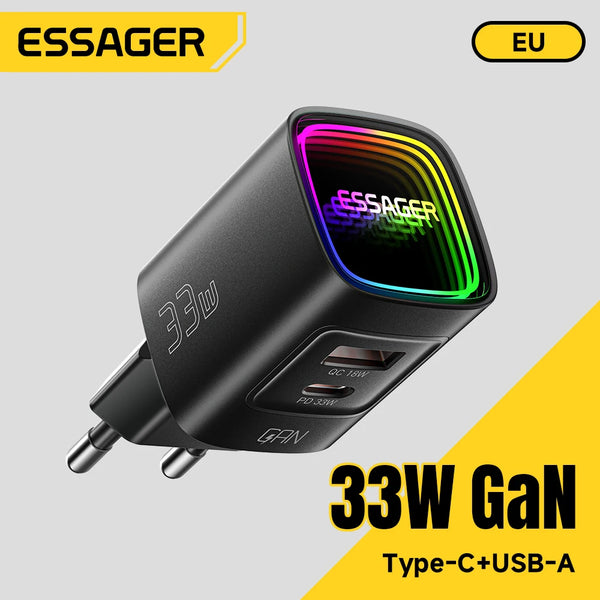 ឆ្នាំងសាក Essager GaN 33W USB Type C ឆ្នាំងសាកចល័ត PD លឿនសម្រាប់ iPhone 17 16 15 14 Pro Max iPad Xiaomi Samsung S25 ឆ្នាំងសាក RGB