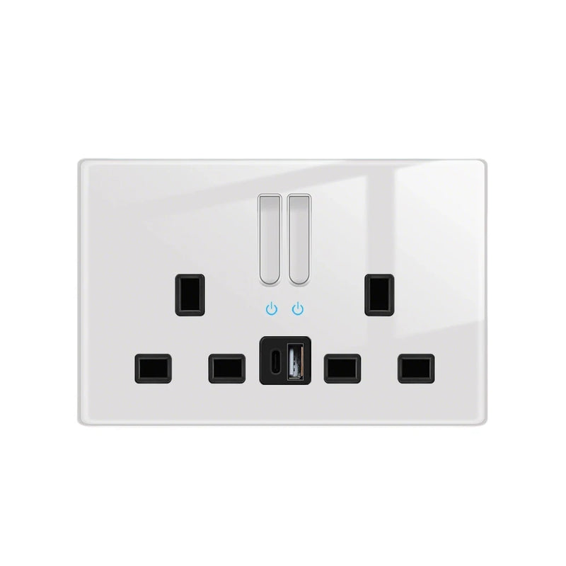 White LED indicator light switch Panel glass piano key Self-reset wall switch socket,UK Universal USB Type-C Electrical outlet