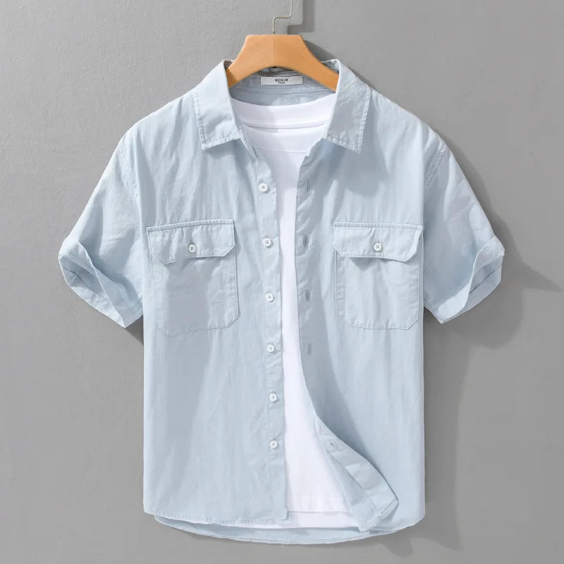 Summer New Casual Simple 100% Cotton Cargo Short Sleeve Shirts Men Clothing Solid Color Thin Streetwear FY968