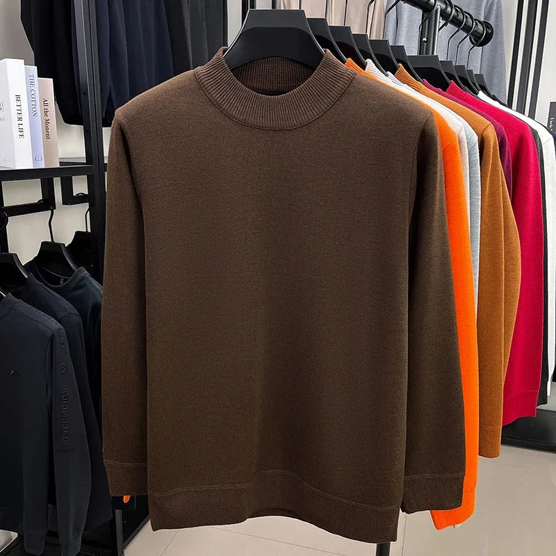 Soft Knitted Half High Neck Sweater Men Full Fleece Lined Thermal Pullover Breathable Long Sleeve Outfit For Fall Winter