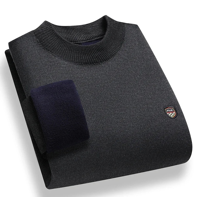 Windproof Men Plain Knitted Sweater Stretch Rib Trim Small Shield Badge Fleece Lined Office Casual Long Sleeve Top