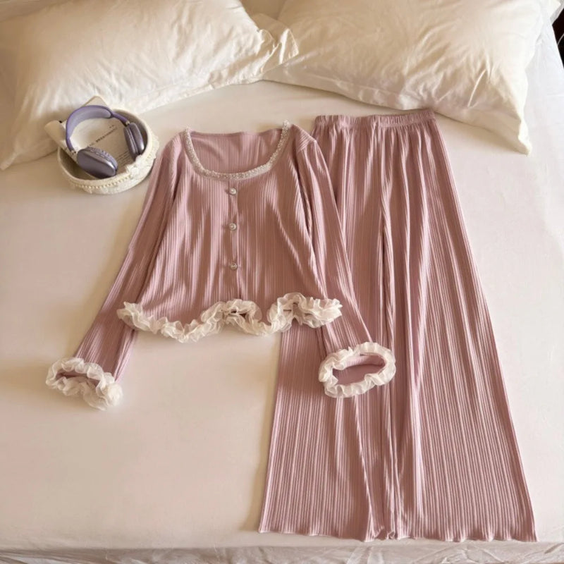 New Autumn Long-sleeved Trousers Sleepwear for Sleeping Women's Pyjamas Chest Pads 2 Pieces Set for Women Pajama Home Clothes