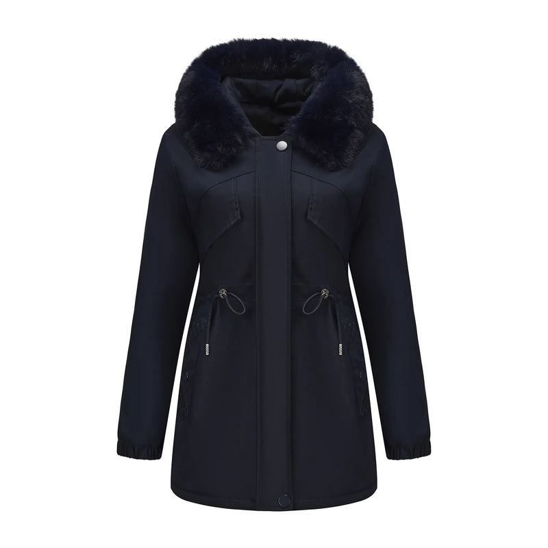 Women's Beige Mid-length Thick Jacket, Blue Knee-length Parka, Fitted Fur-trim Casual Overcoat, Stylish and Warm Trench Coat.
