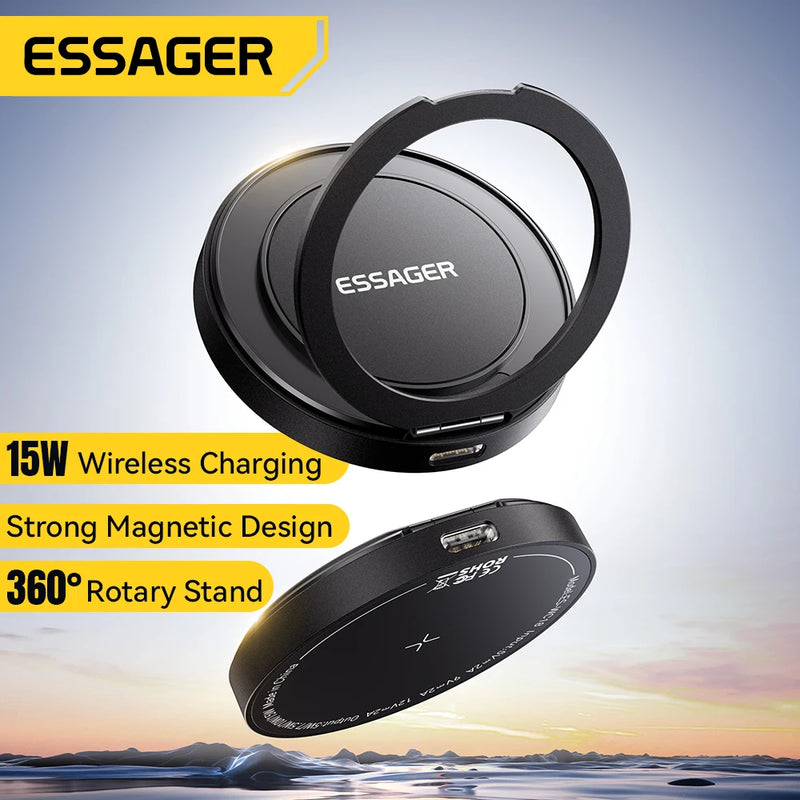 ឆ្នាំងសាកឥតខ្សែ Essager ម៉ាញេទិកជាមួយឧបករណ៍កាន់ 15W សាកលឿនសម្រាប់ iPhone17 16 15 14Pro Max Airpods ឆ្នាំងសាកទូរស័ព្ទឥតខ្សែខ្នាតតូច