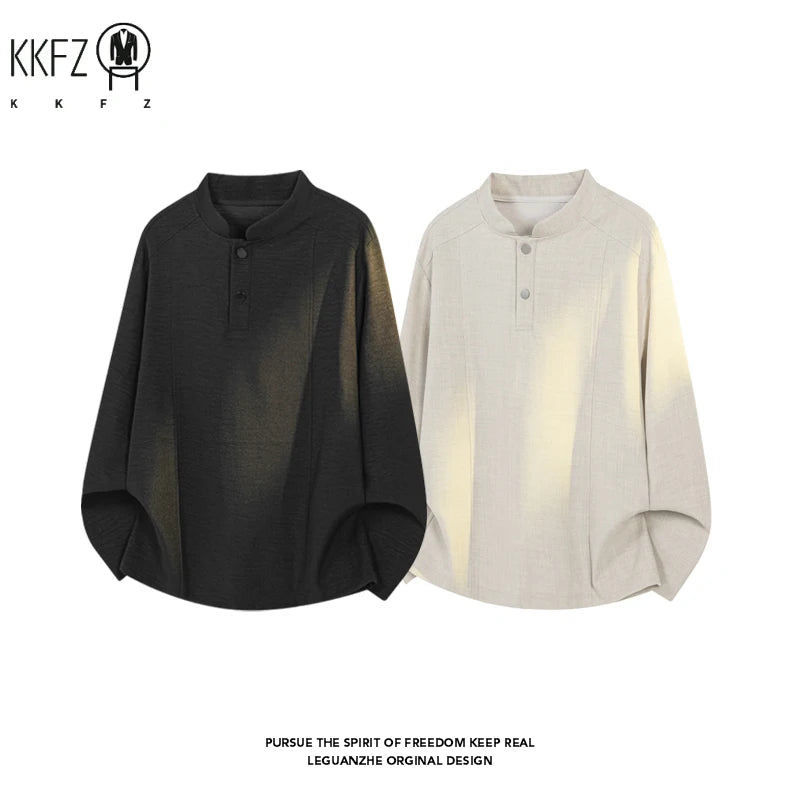 Male Minimalist Mandarin Neck Long Sleeve Shirt Vertical Sewing Texture Relaxed Cut For Weekend Gathering And Travel Matching