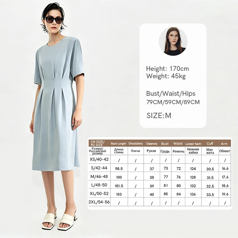 Amii Midi Dress Woman 2026 Summer New Round Neck Short Sleeve Dolman Elegant Office Fitted Waist Women's Casual Dresses 12622176