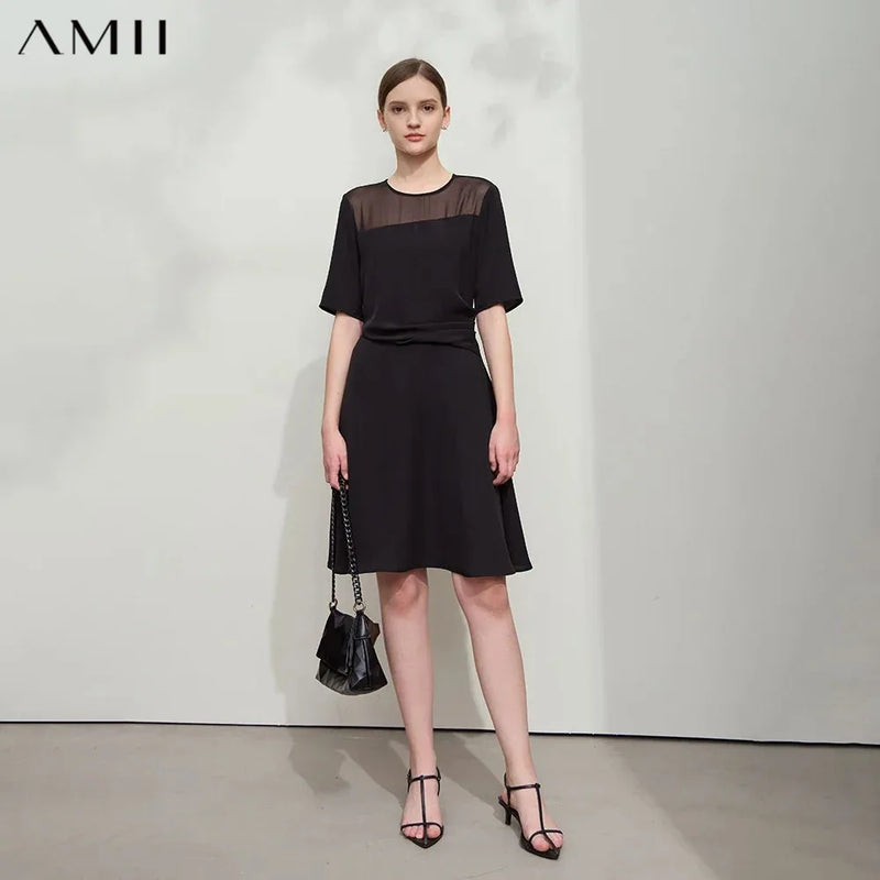 AMII Minimalist Dress Women 2026 Autumn New Basics Office Lady O-Neck Lace Splicing Short Sleeve Knee-length Dresses 12521028