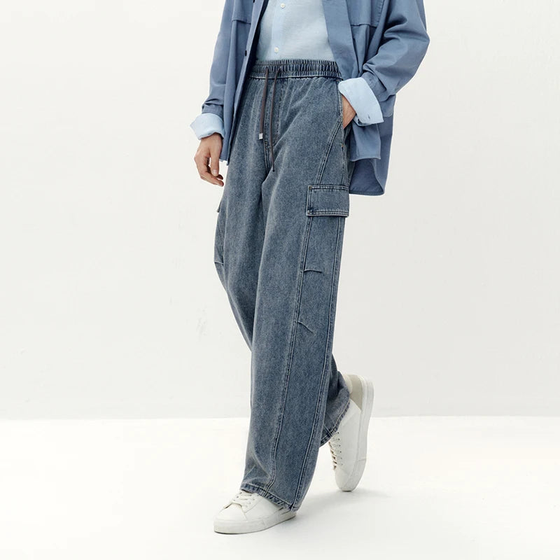 Semir Men Jeans Curved Barrel Loose Cargo Pocket Elastic Waist 2026 Autumn Denim Pants Comfortable Street Style Daily Wear