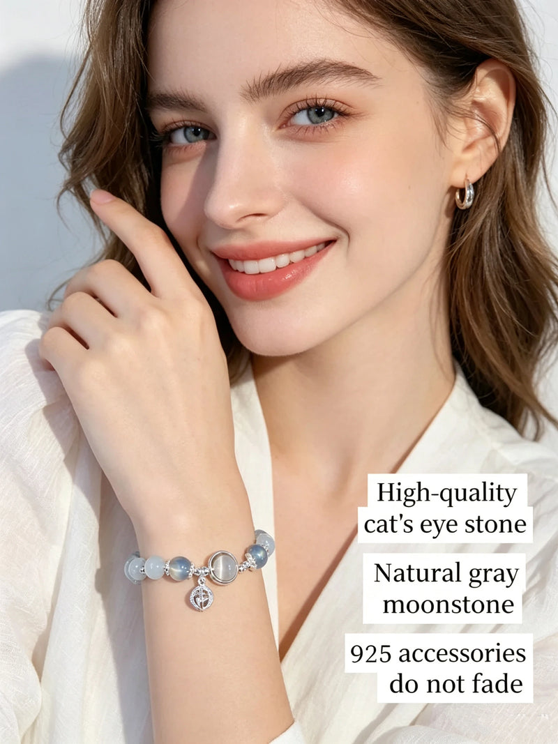 White Cat Eye Stone Beaded Bracelet Silver Plated Butterfly Charm Bracelet Adjustable Tassel Dangle Crystal Bracelets for Women