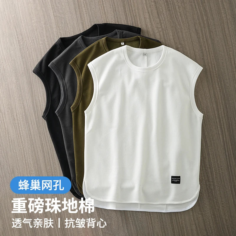 DUKEEN Pique Fabrics Sleeveless T-Shirt for Men Summer Breathable Basketball Sports Solid Color Vest Men's White Basic Tank