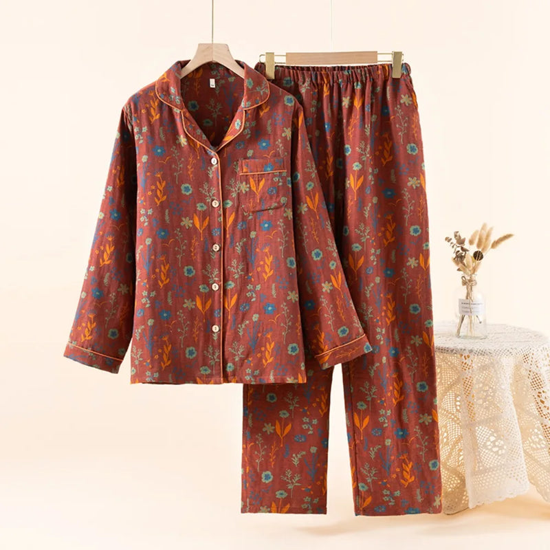 Floral Nightwear for Women Pajama Pure Cotton Sleepwear for Spring and Autumn Long Sleeve Two Piece Home Clothes Pyjama Femme