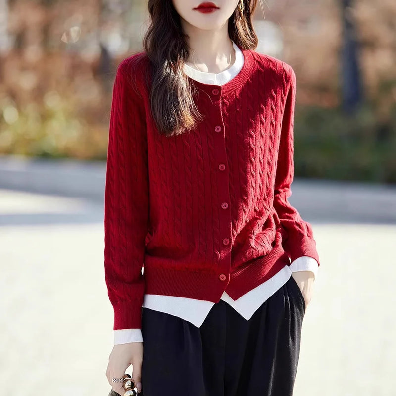 Korean Fake Two Pieces Sweater For Woman Knit Spring Autumn Cardigan Coat Woolen Knitwear Tops Female Cardigans Women Jacket