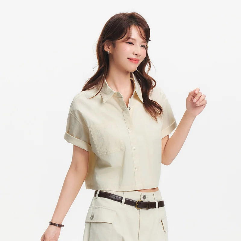 Semir Womens Shirt 2026 Short Sleeve Solid Loose Texture Lapel Tops Urban Workwear Style Casual Soft Comfortable Daily Wear