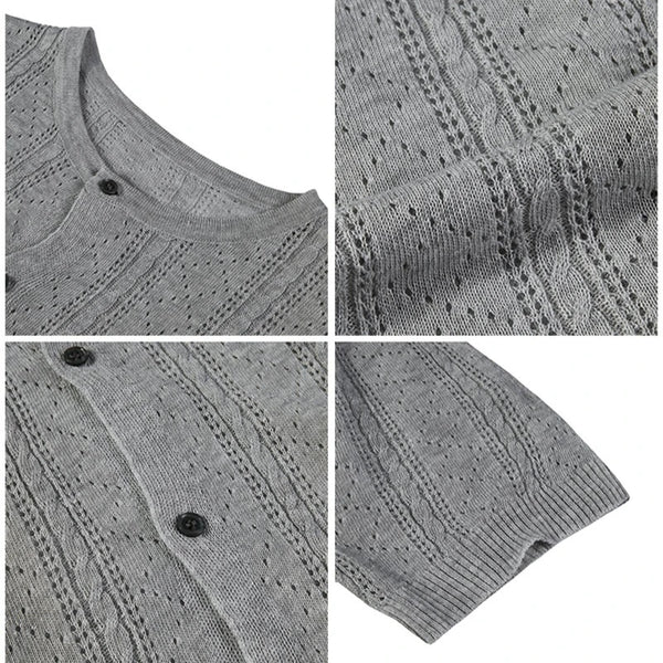 Men's Linen Blend Short Sleeve Knit Cardigan – Breathable Hollow-Out Stand Collar Top with Relaxed Fit for Casual & Outdoor Wear
