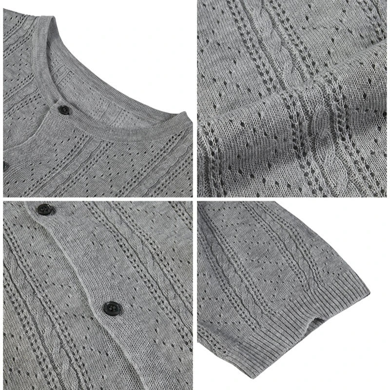 Men's Linen Blend Short Sleeve Knit Cardigan – Breathable Hollow-Out Stand Collar Top with Relaxed Fit for Casual & Outdoor Wear