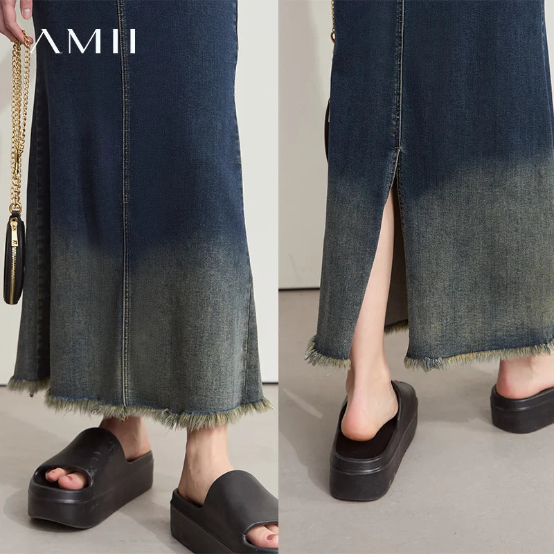 AMII Elegant Summer Skirts for Women 2026 Midi Straight Elastic Clothing Woman Fashion Gradient Denim Long Skirt Female 12552061