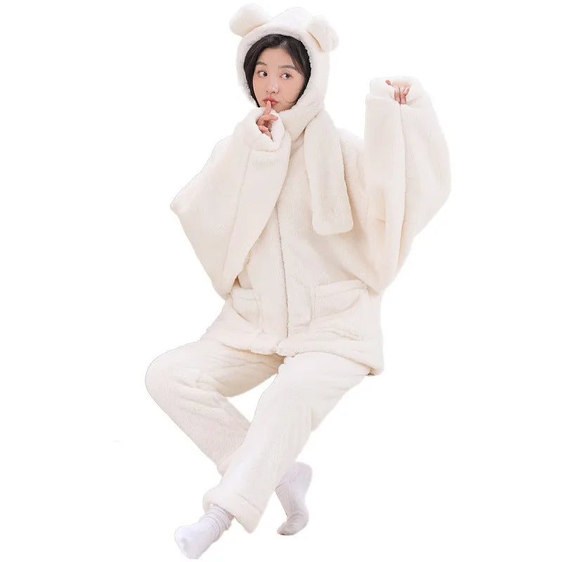 Warm Sleepwear For Winter Pajamas Thicken Flannel Coral Fleece Women's Pajamas Set Hooded Cartoon Cute Nightwear Home Clothes