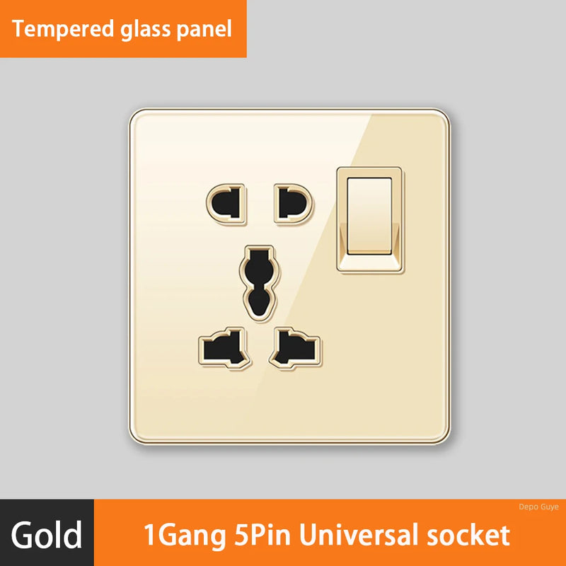 Luxury All Tempered Glass Wall Lamp Switch Button Golden UK Plug 13A Universal Wall Socket with Usb ,220V2gang2way Dimmer Switch