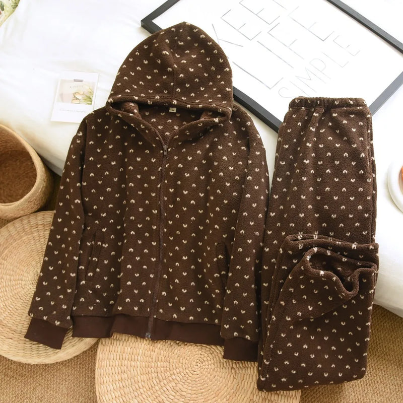 Women's Pajamas Hooded Zipper Thickened 2 Piece Sets Pyjamas Woman Sleepwear for Winter Flannel Ladies Loungewear Suit Pijama