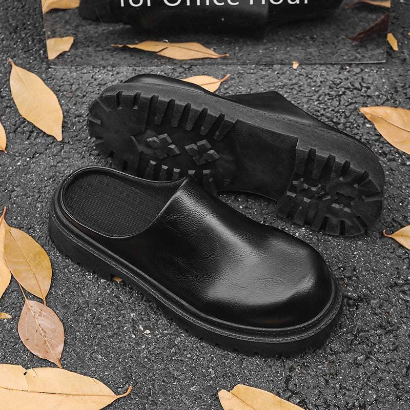 Men's Classic Mules Casual Slip-On Shoes Four Seasons Soft Sole Anti-Slip Breathable Outdoor Walking Leather Shoes Semi Slippers