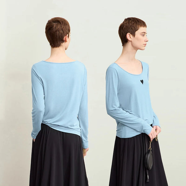 Amii Women's Casual T-shirt 2026 Autumn New Contrast Color Print U-neck T-shirt Female Cotton Basic Long Sleeve Top 12611034