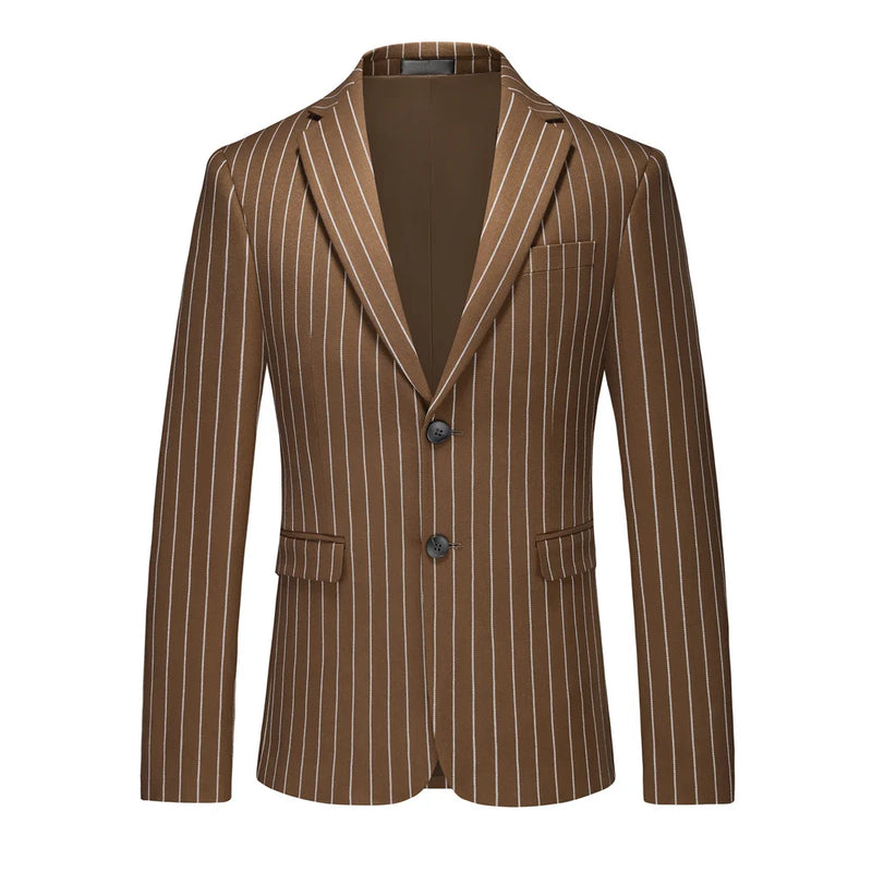 Men's Vertical-Striped Blazer, Perfect for Weddings, Parties, and The Office. Asian Sizes. White, Black, Blue, Gray, Red, Brown.